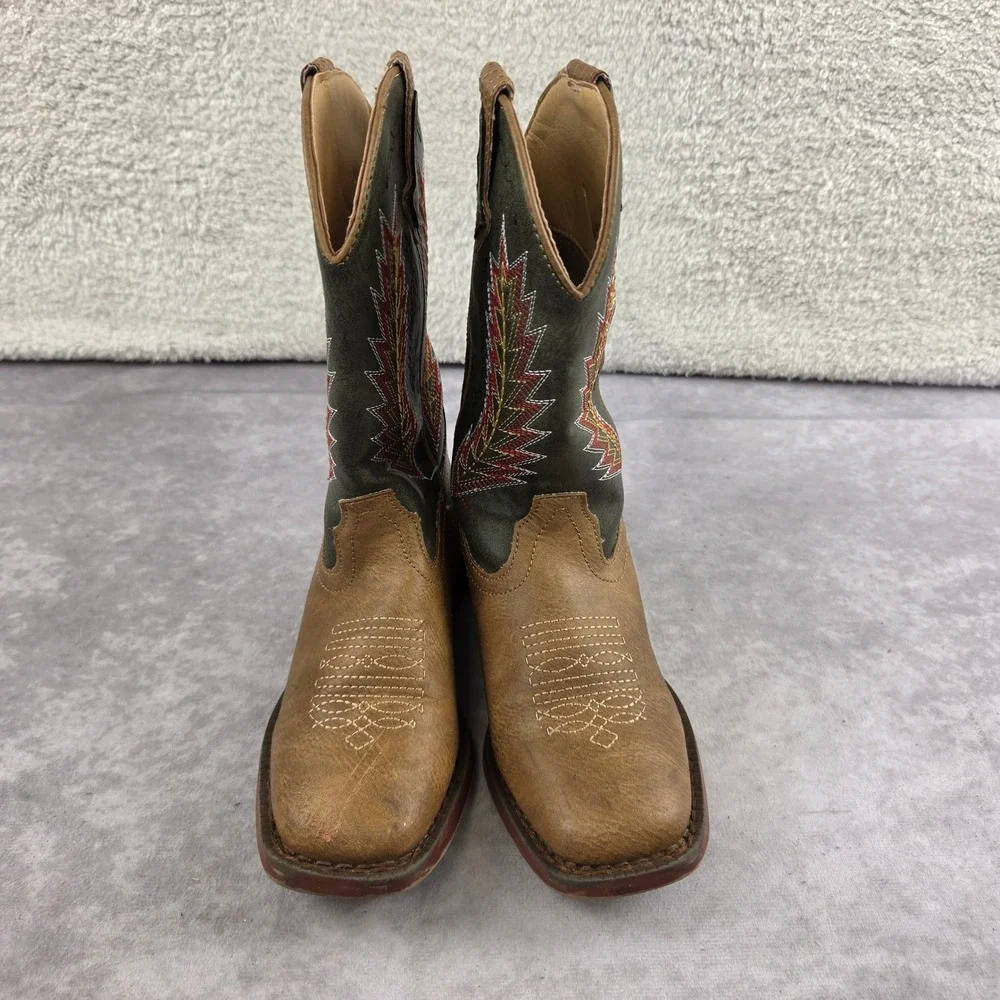 Roper Kids Western Cowboy Boots Brown Green Embroidered Square Toe Size 12